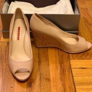 Prada cork wedge heels in "cipria"